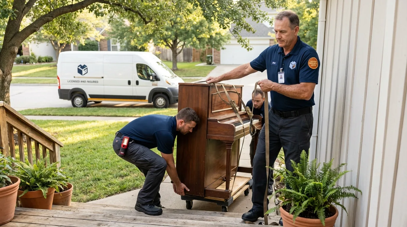 Licensed piano movers securing grand piano in Florida, NY