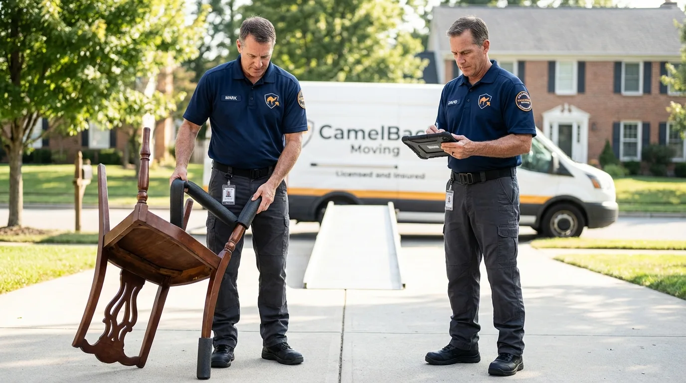 Movers inspecting furniture for damage prevention before loading in Florida, NY