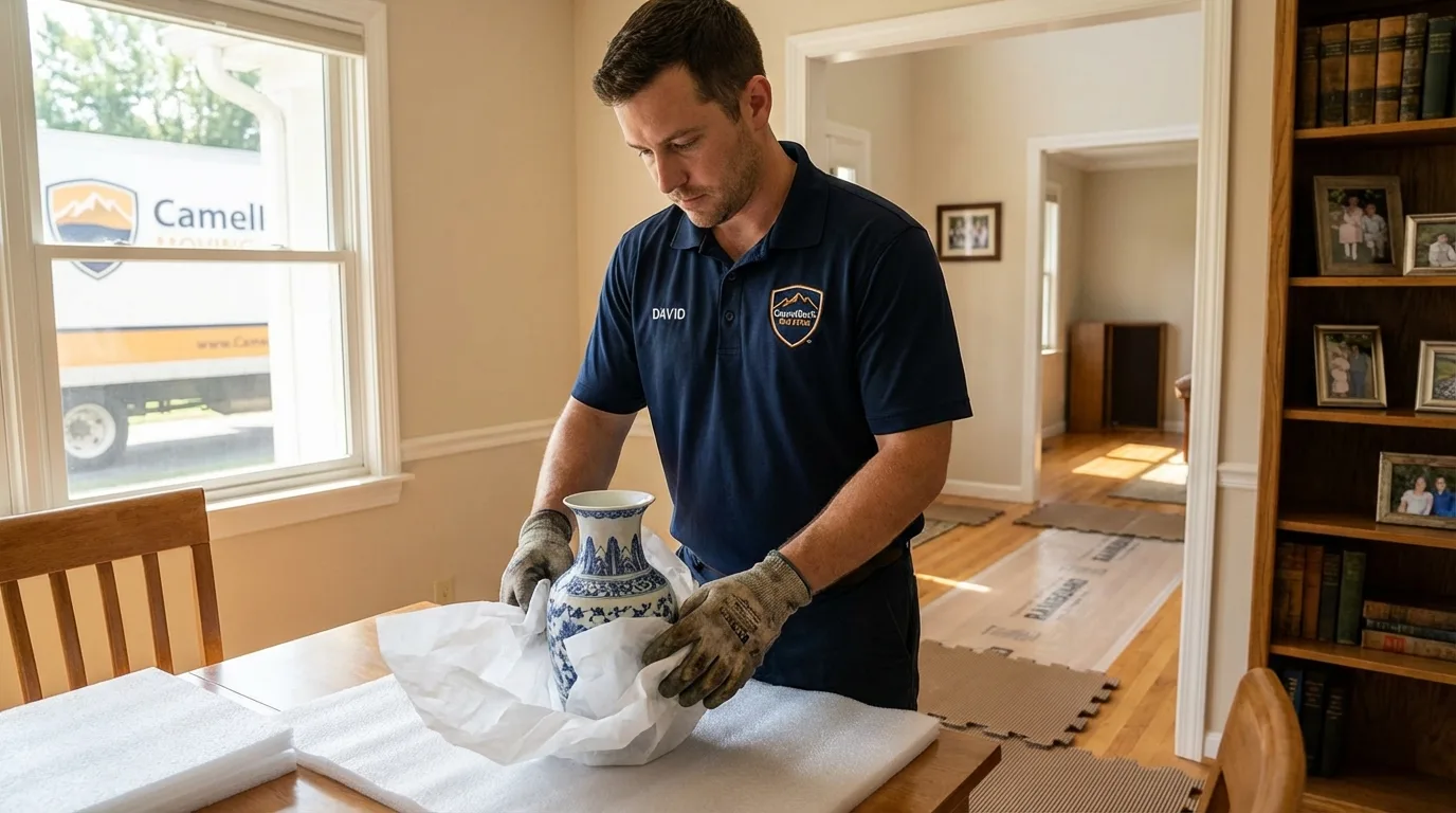 Professional crew carefully wrapping antique vase for senior downsizing move in Florida, NY